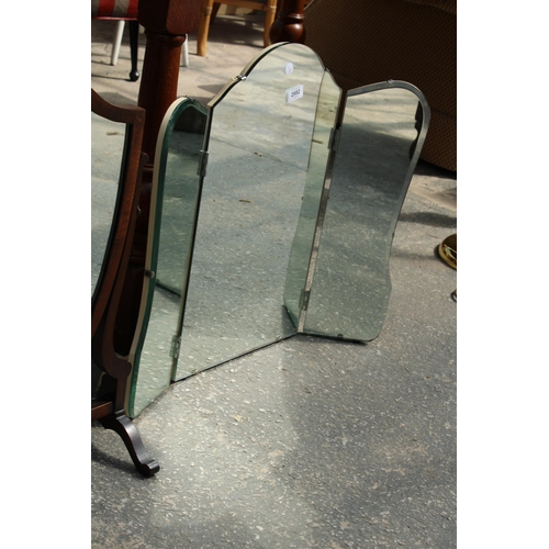 2952 - A SHIELD SHAPED SWING FRAME DRESSING MIRROR AND LATER TRIPLE MIRROR