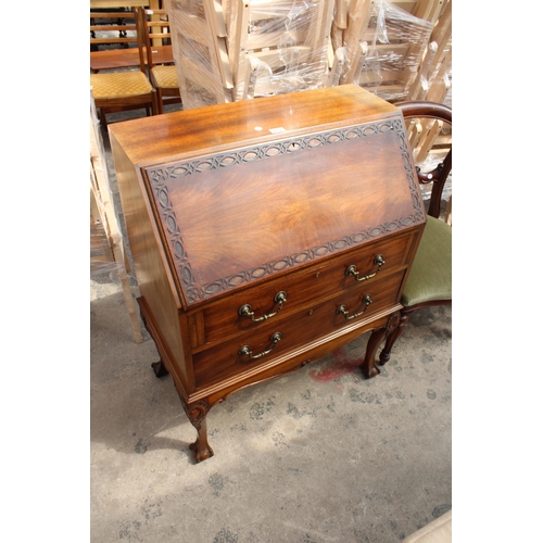 2957 - AN EARLY 20TH CENTURY MAHOGANY BUREAU ON CABRIOLE LEGS WITH BALL AND CLAW FEET, 30