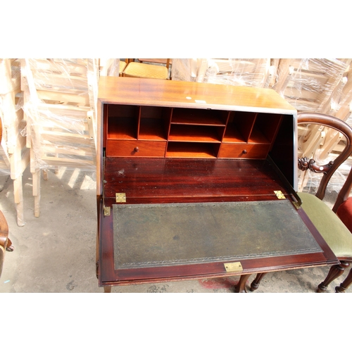 2957 - AN EARLY 20TH CENTURY MAHOGANY BUREAU ON CABRIOLE LEGS WITH BALL AND CLAW FEET, 30