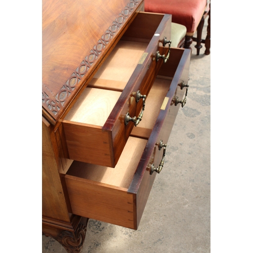 2957 - AN EARLY 20TH CENTURY MAHOGANY BUREAU ON CABRIOLE LEGS WITH BALL AND CLAW FEET, 30