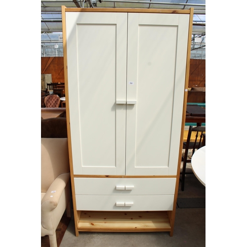 2967 - A MODERN PINE FRAMED 2-DOOR WARDROBE WITH TWO DRAWERS AND OPEN SECTION TO BASE, 38.5