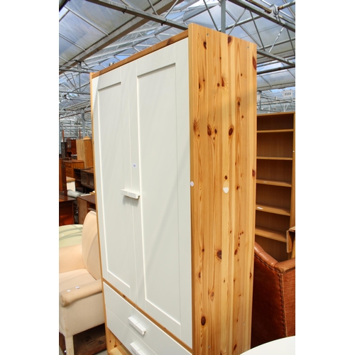 2967 - A MODERN PINE FRAMED 2-DOOR WARDROBE WITH TWO DRAWERS AND OPEN SECTION TO BASE, 38.5