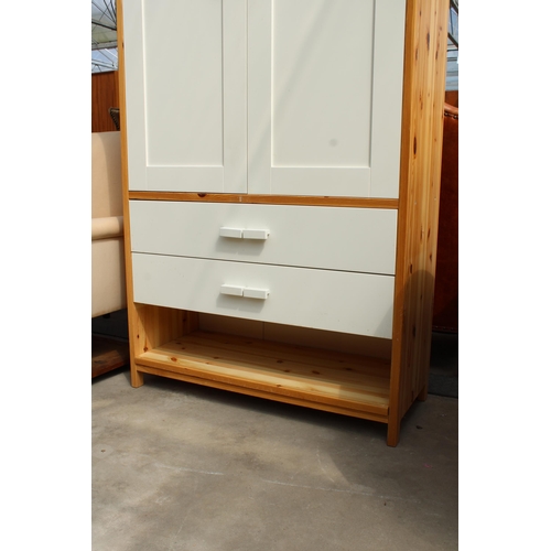 2967 - A MODERN PINE FRAMED 2-DOOR WARDROBE WITH TWO DRAWERS AND OPEN SECTION TO BASE, 38.5