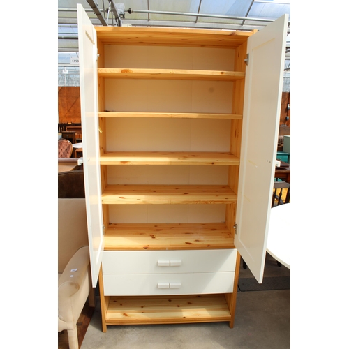 2967 - A MODERN PINE FRAMED 2-DOOR WARDROBE WITH TWO DRAWERS AND OPEN SECTION TO BASE, 38.5