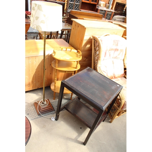 2982 - A TWO TIER OCCASIONAL TABLE, TELEPHONE TABLE AND STANDARD LAMP WITH BRASS COLUMN ON STEPPED BASE