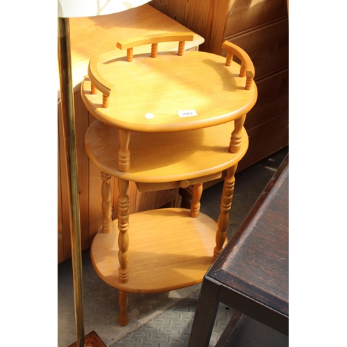 2982 - A TWO TIER OCCASIONAL TABLE, TELEPHONE TABLE AND STANDARD LAMP WITH BRASS COLUMN ON STEPPED BASE