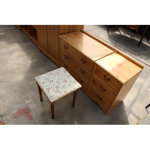 2988 - A MODERN PINE EFFECT CHEST OF THREE DRAWERS, MATCHING BEDSIDE CHEST AND PINE STOOL