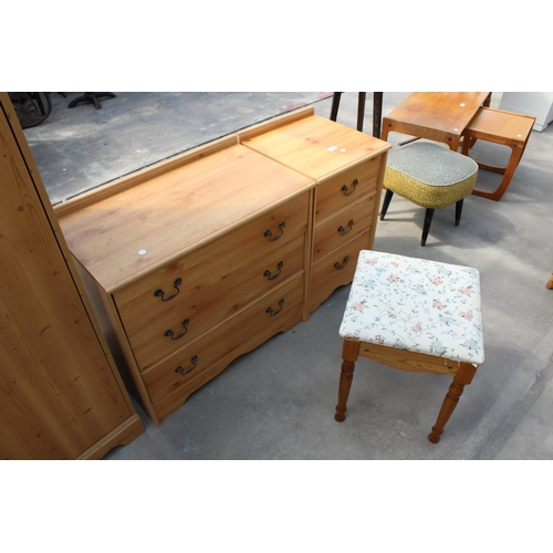 2988 - A MODERN PINE EFFECT CHEST OF THREE DRAWERS, MATCHING BEDSIDE CHEST AND PINE STOOL