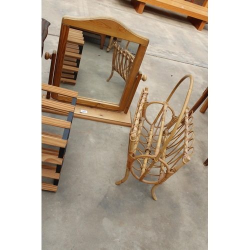 2994 - TWO MAGAZINE RACKS, A WINE RACK, SWING FRAME MIRROR AND A SMALL TABLE