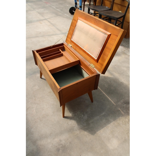 3005 - A RETRO TEAK SEWING BOX / TABLE ON KICK-OUT LEGS, 27