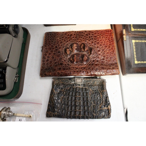 61 - A VINTAGE CROCODILE SKIN HANDBAG WITH SILVER CLASP TOGETHER WITH A CROCODILE SKIN WALLET