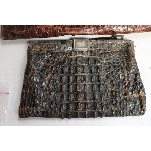 61 - A VINTAGE CROCODILE SKIN HANDBAG WITH SILVER CLASP TOGETHER WITH A CROCODILE SKIN WALLET