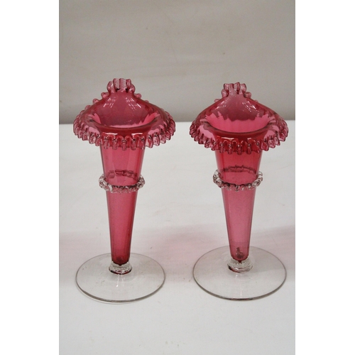 9 - A PAIR OF HAND BLOWN VICTORIAN CRANBERRY FRILLED AND FLUTED VASES - APPROX 26.5 CM