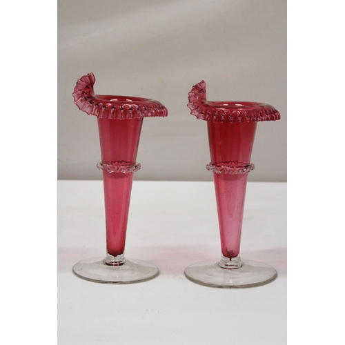 9 - A PAIR OF HAND BLOWN VICTORIAN CRANBERRY FRILLED AND FLUTED VASES - APPROX 26.5 CM