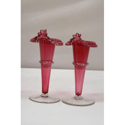 9 - A PAIR OF HAND BLOWN VICTORIAN CRANBERRY FRILLED AND FLUTED VASES - APPROX 26.5 CM