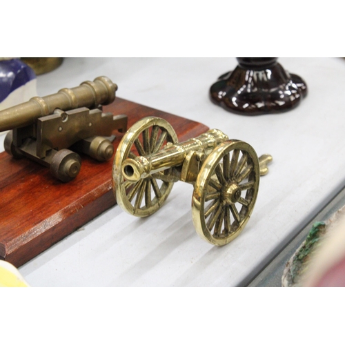 102 - A VINTAGE BRASS CANON ON A WOODEN PLINTH PLUS ONE OTHER