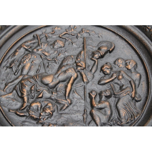 155 - A HEAVY VINTAGE BRONZED MYTHOLOGY PLAQUE, 'THE JUDGEMENT OF PARIS', DIAMETER 31CM