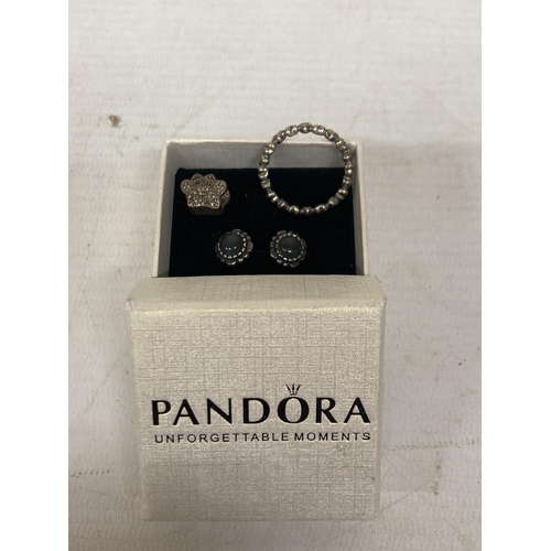 464 - A PAIR OF STAMPED 925 PANDORA EARRINGS IN ORIGINAL BOX TOGETHER WITH A PANDORA 925 CHARM AND LOVEHEA... 