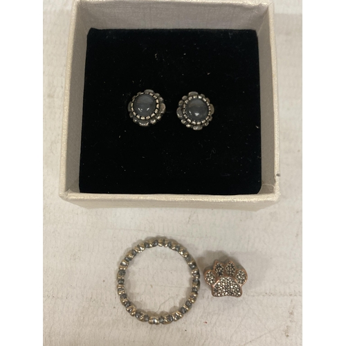 464 - A PAIR OF STAMPED 925 PANDORA EARRINGS IN ORIGINAL BOX TOGETHER WITH A PANDORA 925 CHARM AND LOVEHEA... 