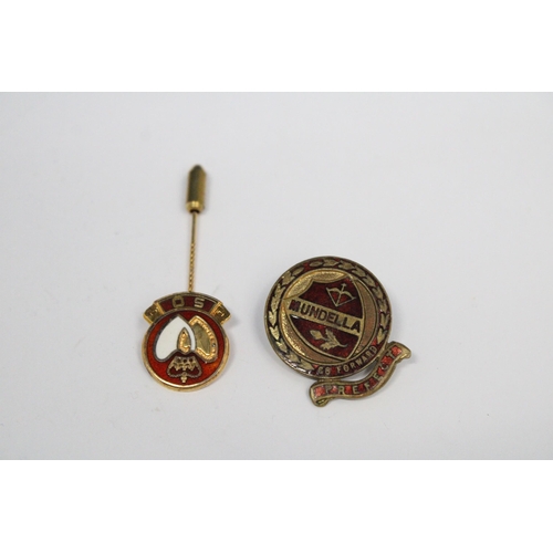 566 - TWO ENAMEL BADGES TO INCLUDE A MARKED SILVER GILT PIN BADGE