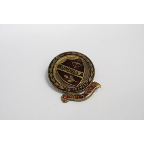 566 - TWO ENAMEL BADGES TO INCLUDE A MARKED SILVER GILT PIN BADGE