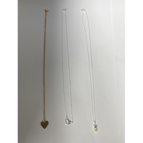 589 - THREE SILVER PENDANT NECKLACES TO INCLUDE A GOLD PLATED EXAMPLE