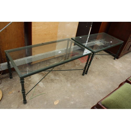 2729A - A PAIR OF GLASS TOP COFFEE TABLES ON METALWARE FRAMES, 40