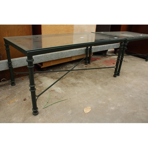 2729A - A PAIR OF GLASS TOP COFFEE TABLES ON METALWARE FRAMES, 40