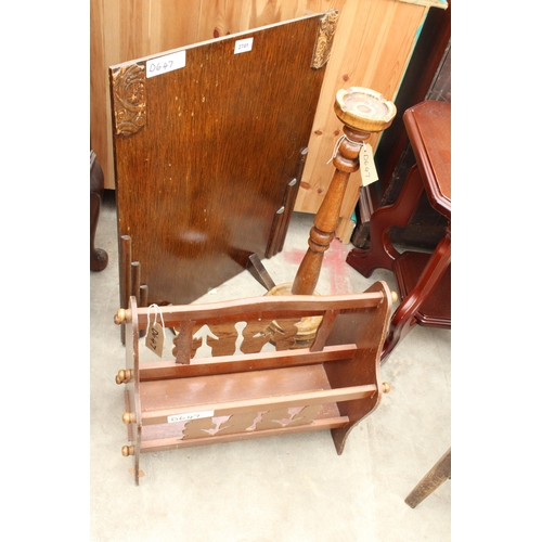 2741 - AN OAK FIRESCREEN, MAGAZINE RACK AND AN ASH TRAY STAND