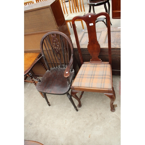 2746 - A MAHOGANY QUEEN ANNE STYLE CHAIR AND WHEEL BACK CARVER CHAIR