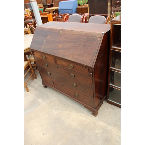 2781 - A GEORGE III MAHOGANY AND CROSSBANDED BUREAU WITH FITTED INTERIOR, TWO SHORT AND THREE LONG GRADUATE... 