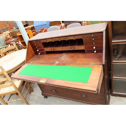 2781 - A GEORGE III MAHOGANY AND CROSSBANDED BUREAU WITH FITTED INTERIOR, TWO SHORT AND THREE LONG GRADUATE... 