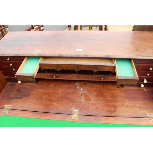 2781 - A GEORGE III MAHOGANY AND CROSSBANDED BUREAU WITH FITTED INTERIOR, TWO SHORT AND THREE LONG GRADUATE... 