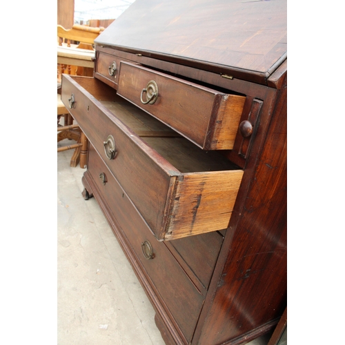 2781 - A GEORGE III MAHOGANY AND CROSSBANDED BUREAU WITH FITTED INTERIOR, TWO SHORT AND THREE LONG GRADUATE... 