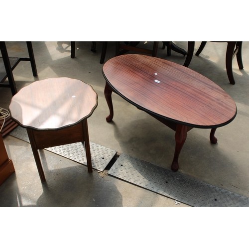 2983 - A MODERN OVAL COFFEE TABLE ON CABRIOLE LEGS AND SEWING BOX / TABLE