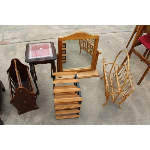 2994 - TWO MAGAZINE RACKS, A WINE RACK, SWING FRAME MIRROR AND A SMALL TABLE