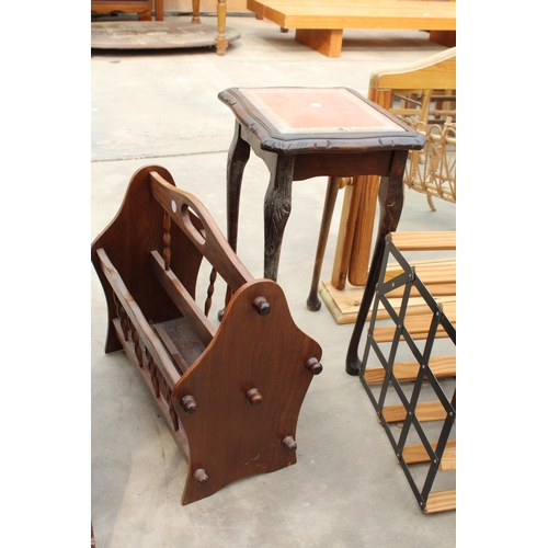 2994 - TWO MAGAZINE RACKS, A WINE RACK, SWING FRAME MIRROR AND A SMALL TABLE