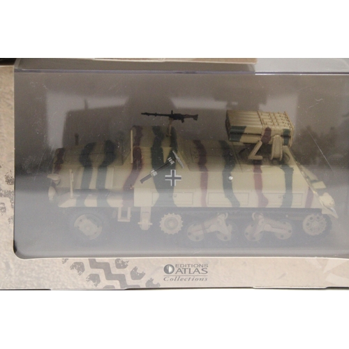 343 - FOUR ATLAS EDITIONS COLLECTION MILITARY VEHICLES TO INCLUDE Kfz 305 TRUCK, SdKfz 234/2 PUMA TANK, PA... 