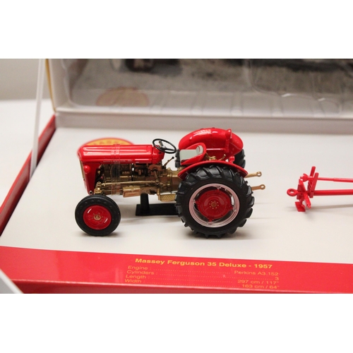 402 - A UNIVERSAL HOBBIES MASSEY FERGUSON 35 DELUXE, 1957 WITH A MASSEY-HARRIS NO. 3 TRAIL BALER, 1957, LI... 