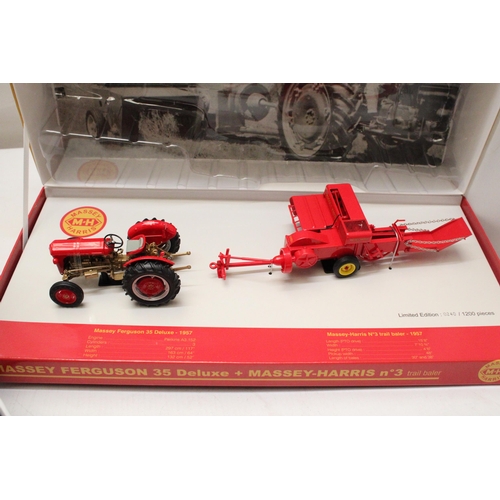 402 - A UNIVERSAL HOBBIES MASSEY FERGUSON 35 DELUXE, 1957 WITH A MASSEY-HARRIS NO. 3 TRAIL BALER, 1957, LI... 