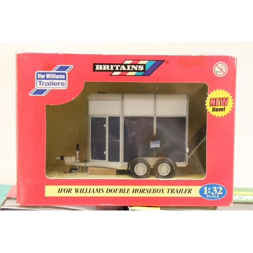 403 - THREE BRITAINS 1:32 SCALE VEHICLES TO INCLUDE A JOHN DEERE 2011 7280R TRACTOR, AN INTERNATIONAL HARV... 