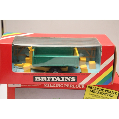 406 - FOUR BRITAINS 1:32 SCLE MODELS TO INCLUDE A MASSEY FERGUSON, DOUBLE REAR WHEELED TRACTOR, A MILKING ... 