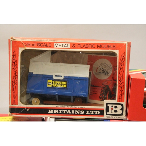 407 - FOUR BRITAINS 1:32 SCALE MODELS TO INCLUDE A MASSEY FERGUSON TRACTOR WITH YARD SCRAPER, HIGH SIDED T... 