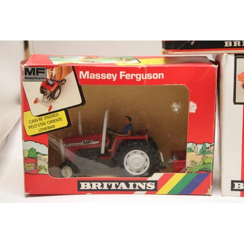 407 - FOUR BRITAINS 1:32 SCALE MODELS TO INCLUDE A MASSEY FERGUSON TRACTOR WITH YARD SCRAPER, HIGH SIDED T... 