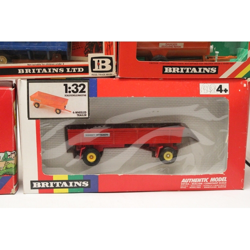 407 - FOUR BRITAINS 1:32 SCALE MODELS TO INCLUDE A MASSEY FERGUSON TRACTOR WITH YARD SCRAPER, HIGH SIDED T... 