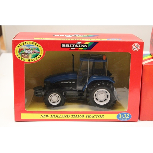 415 - FIVE BRITAINS 1:32 SCALE MODELS TO INCLUDE A NNEW HOLLAND TM165 TRACTOR, A MASSEY FERGUSON 200 TRAIL... 