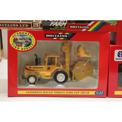 416 - FIVE BRITAINS 1:32 SCALE MODELS TO INCLUDE A SANDERSON ROUGH TERRAIN FORKLIFT TRUCK, A NEW HOLLAND T... 