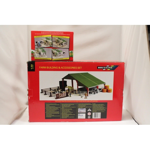 418 - A BRITAINS 1:32 SCALE FARM BUILDINGS AND ACCESSORIES SET PLUS A MILKING PARLOUR - BOTH AS NEW IN BOX... 