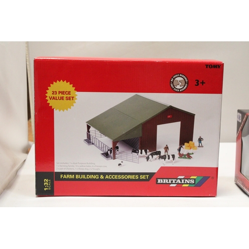 419 - THREE BRITAINS 1:32 SCALE MODELS TO INCLUDE A FARM BUILDING AND ACCESSORIES SET, A LAMBORGHINI 1706 ... 