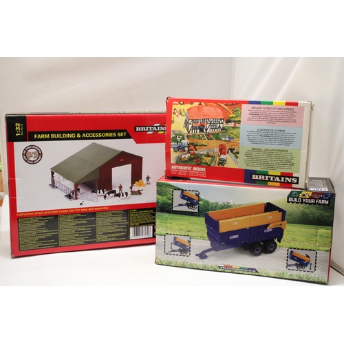 419 - THREE BRITAINS 1:32 SCALE MODELS TO INCLUDE A FARM BUILDING AND ACCESSORIES SET, A LAMBORGHINI 1706 ... 